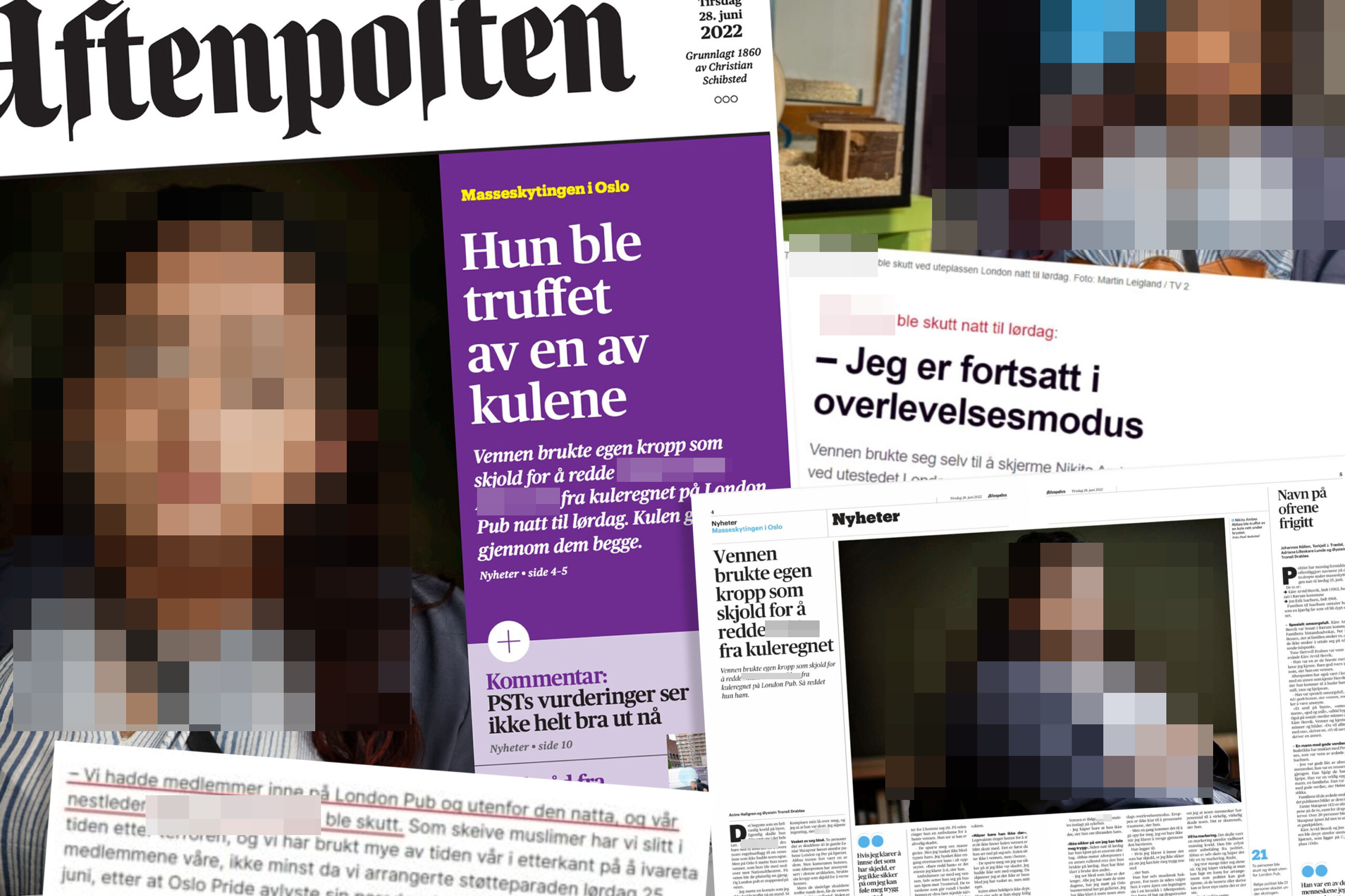 Sensurert kollasj av «Hun ble truffet av en av kulene». (Kollasj: Subjekt.)