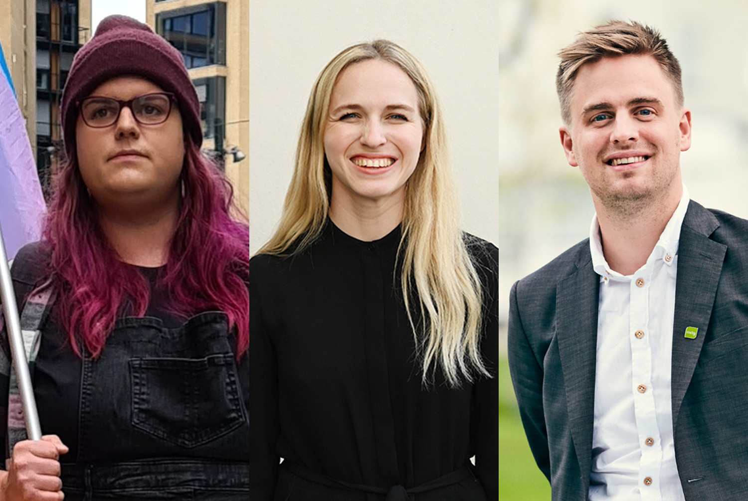 Christine Jentoft (Foreningen Fri), Ane Breivik (Unge Venstre) og Eivind Trædal (MDG). (Kollasj: Subjekt.)
