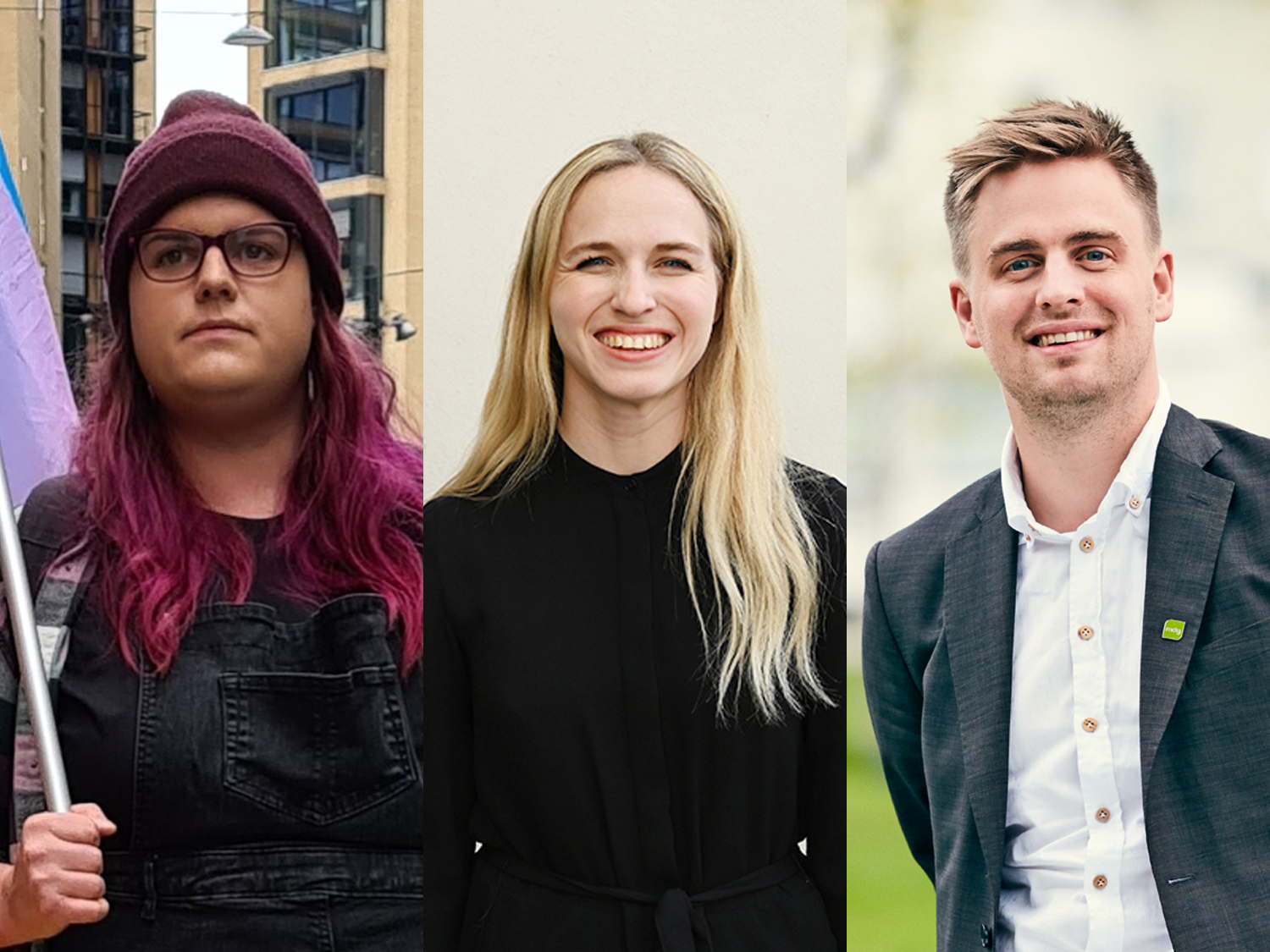 Christine Jentoft (Foreningen Fri), Ane Breivik (Unge Venstre) og Eivind Trædal (MDG). (Kollasj: Subjekt.)