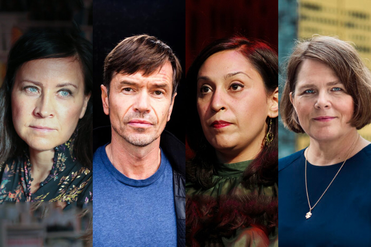 Kjetil Rolness (to fra venstre) er tilsynelatende «persona non grata» hos sin Aftenposten-kollega Nazneen Khan-Østrem (tre fra venstre), samt forfatter Heidi Helene Sveen (t.v.) og Dagsavisen-kommentator Hege Ulstein. (Kollasj: Subjekt.) 3:2