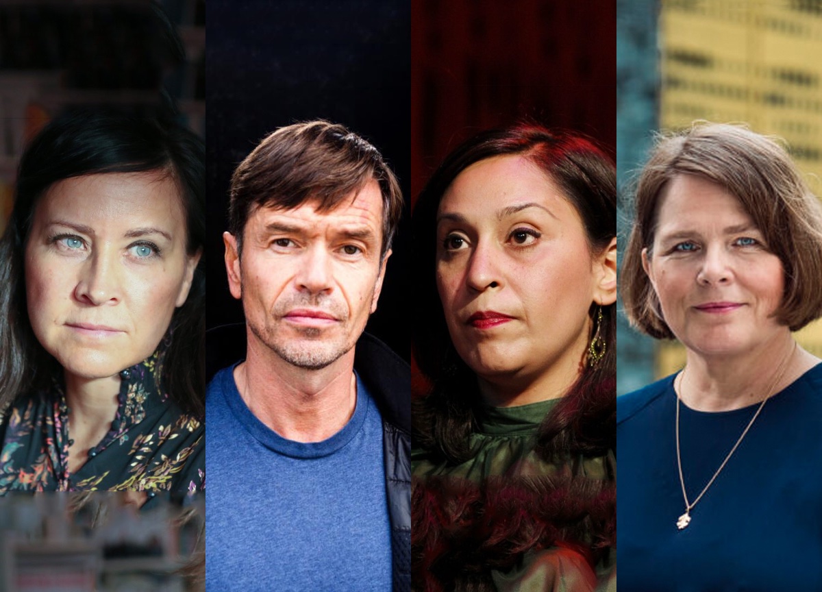 Kjetil Rolness (to fra venstre) er tilsynelatende «persona non grata» hos sin Aftenposten-kollega Nazneen Khan-Østrem (tre fra venstre), samt forfatter Heidi Helene Sveen (t.v.) og Dagsavisen-kommentator Hege Ulstein. (Kollasj: Subjekt.) 25-18