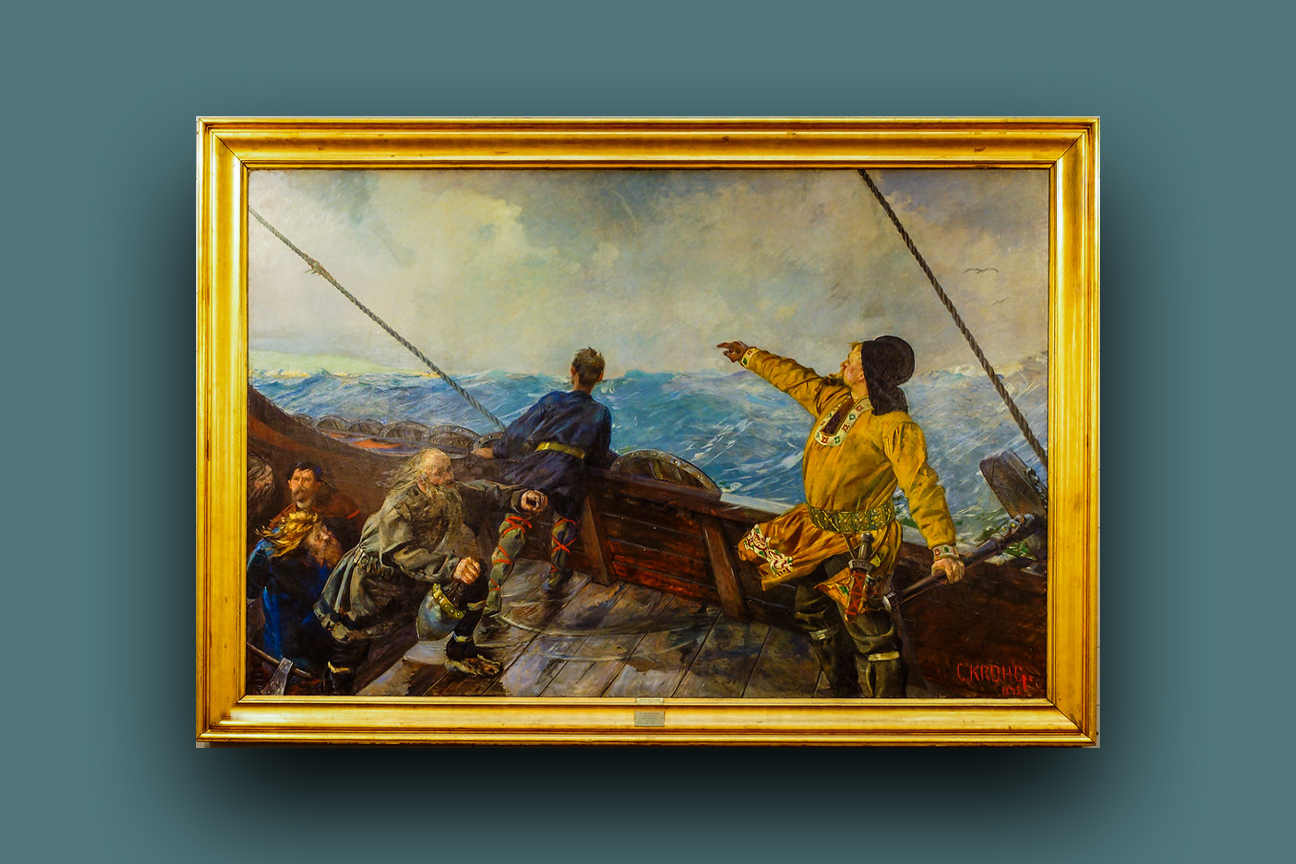 Christian Krohgs oljemaleri «Leiv Eiriksson oppdager Amerika» (1893). (Montasje: Subjekt.)2 3:2