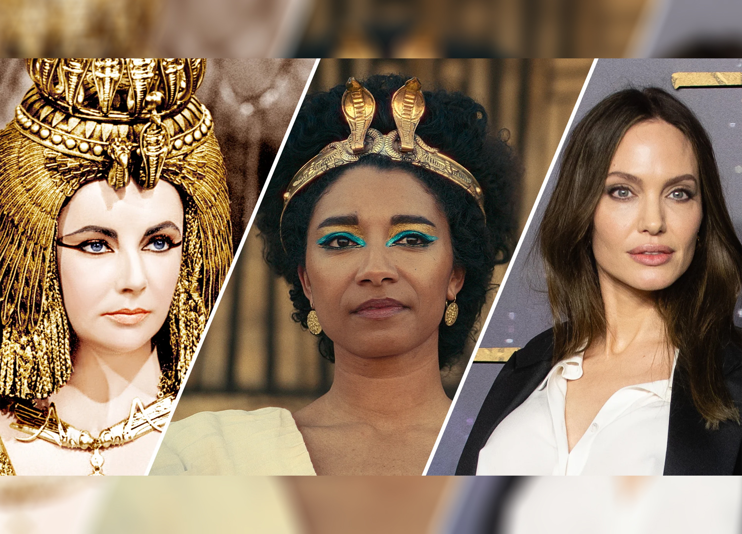 Kleopatra har blitt tolket av skuespillere som Elizabeth Taylor (t.v.), Netflix-aktuelle Adele James og Angelina Jolie. (Foto: Everett, Netflix, Getty.)
