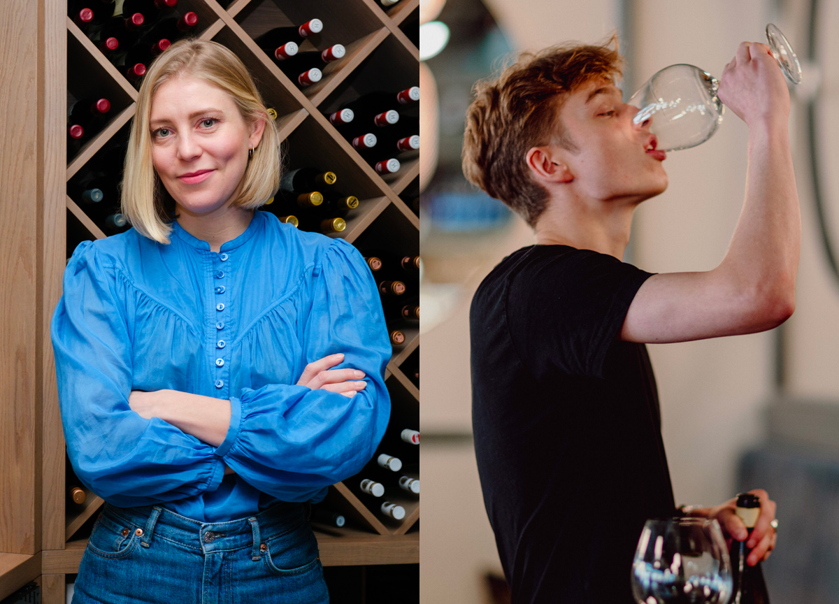 Cecilie Bundgaard Larsen ved Hans A. Flaaten import (t.v.) og Helmer Helmersen Lein ved Helmersen vinbar (t.h.) og Joakim Thorstensen ved Sommero deler vintips. (Foto: Ole Erik Løvold/Marius Fiskum.) 1 25:18