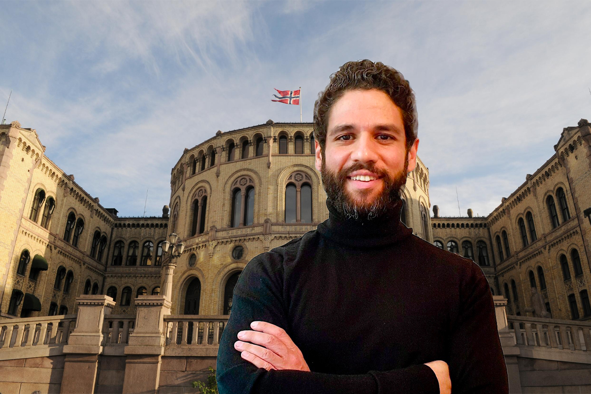 IT-gründer Sirar Salih fra Wintry Tech AS foran Stortinget. (Foto: Stortinget/Privat. Kollasj: Subjekt.)