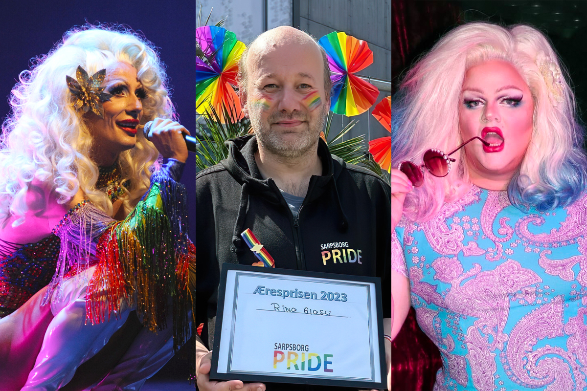 Dragdronningene Skrellex (t.v.) og Bertina Glam Croft (t.h.) etterlyser betaling fra Sarpsborg Pride og leder Rino Glosli (midten). (Foto: Kirsti Biseth, Sarpsborg Pride, Presse. Kollasj: Subjekt.)