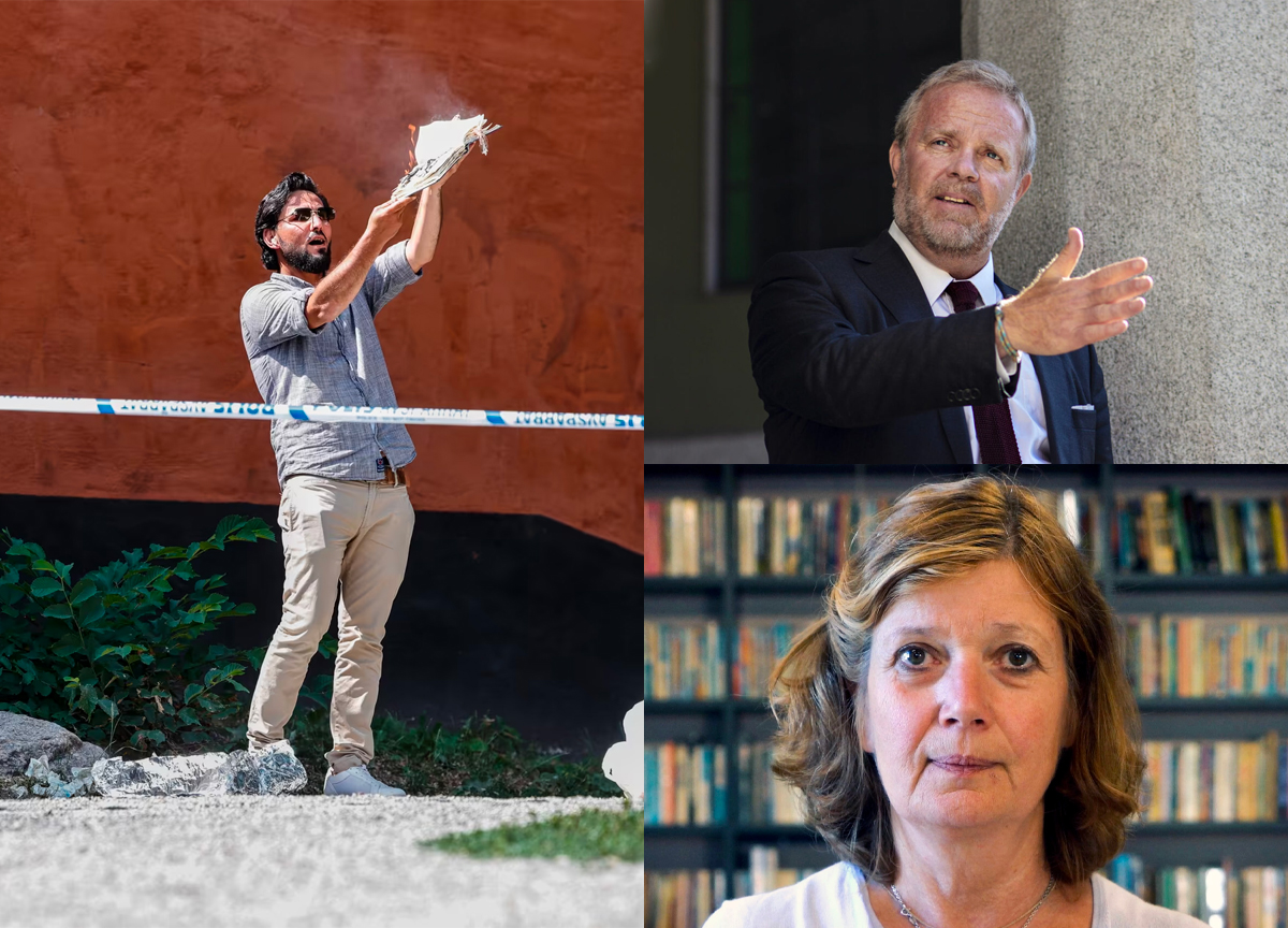 Leder i Norsk Pen, Ann-Magrit Austenå (nederst), advokat Jon Wessel-Aas (øverst). Her fra koranbrenningen i Stockholm. (Foto- Presse, Monica Kvaale, EPA. Kollasj: Subjekt.) 1 25:18