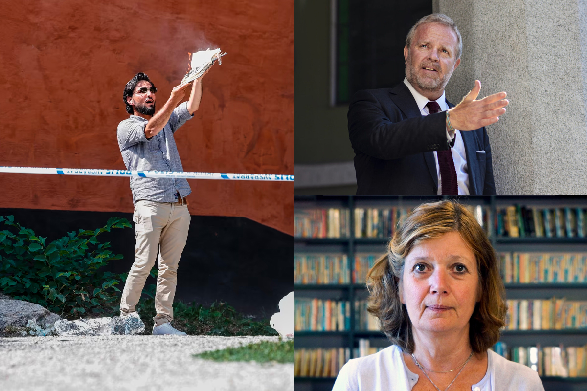 Leder i Norsk Pen, Ann-Magrit Austenå (nederst), advokat Jon Wessel-Aas (øverst). Her fra koranbrenningen i Stockholm. (Foto- Presse, Monica Kvaale, EPA. Kollasj: Subjekt.) 2 3:2
