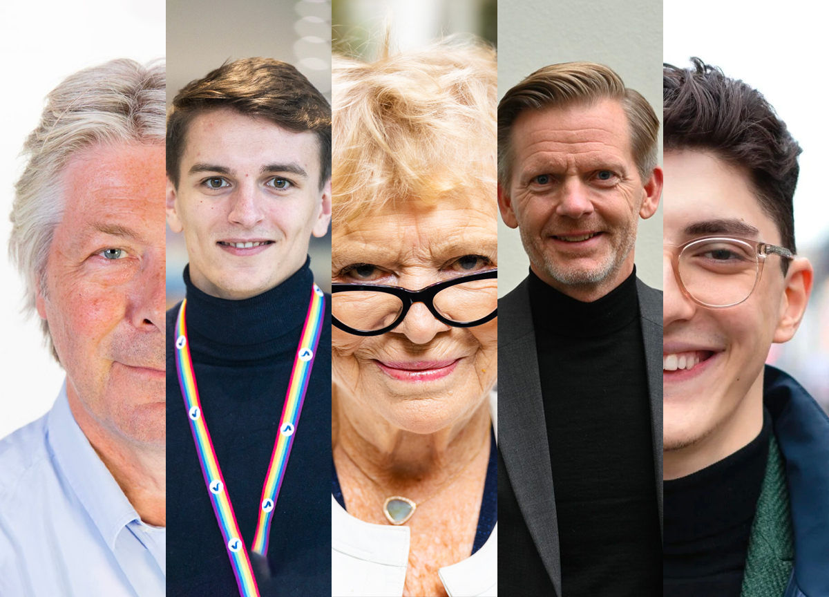 Politisk redaktør i Nettavisen, Erik Stephansen, Unge Høyre-leder Ola Svenneby og jurist Eva Joly, samt Høyre-politikerne Tage Pettersen og Mehmet Kaan Inan. (Foto: Paul Weaver/Nettavisen, Unge Høyre, Cappelen Damm, Peter-André Hegg, Høyre.)