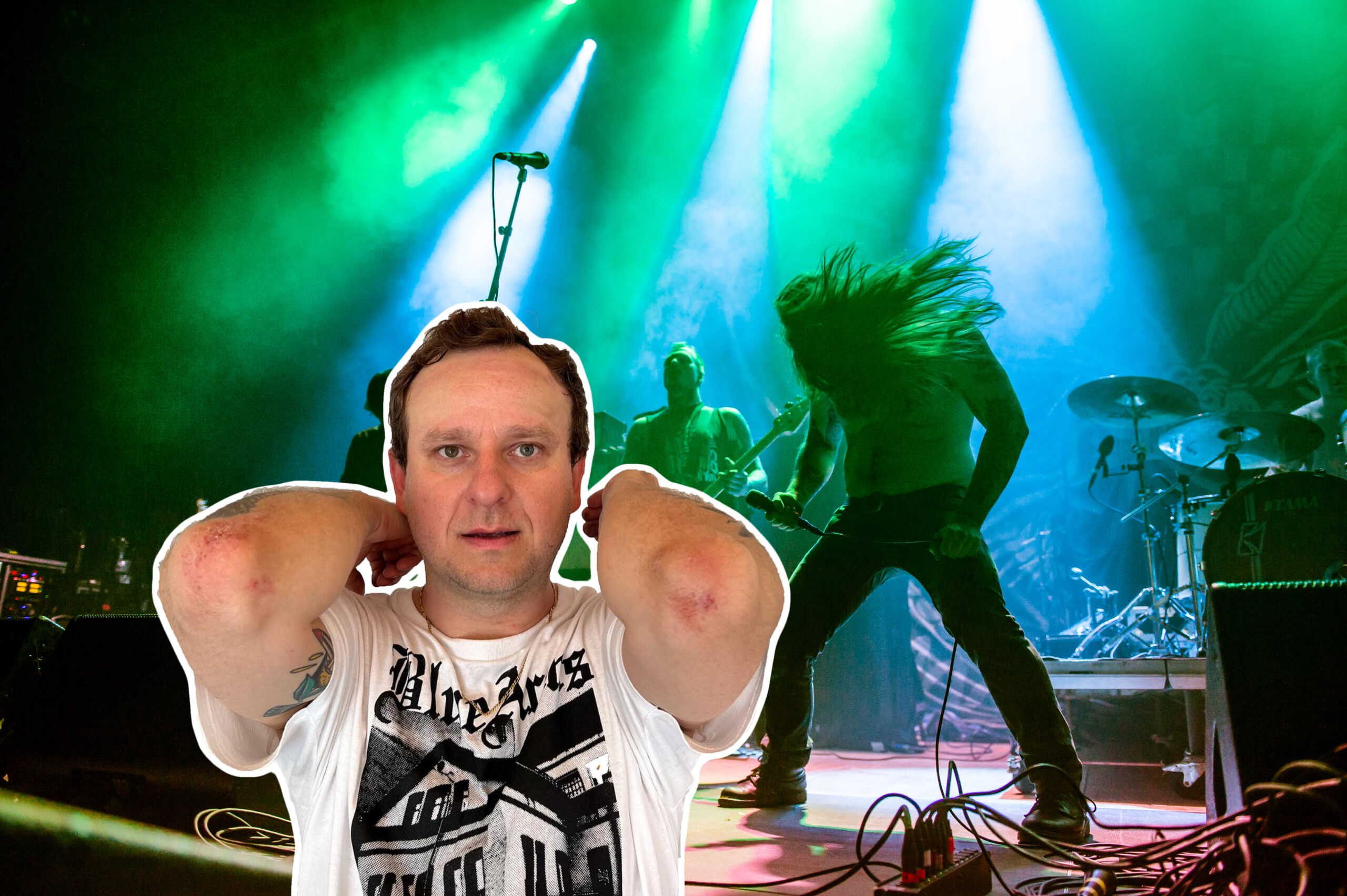 Gitarist Maciek Ofstad fra Kvelertak (i bakgrunnen) ble utsatt for blind vold. (Foto: Wikimedia Commons. Skjermbilde: Instagram. Kollasj: Subjekt.)