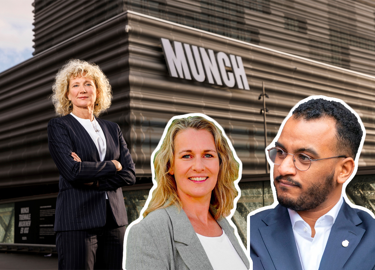 Tone Hansen ved Munchmuseet (f.v.), Eili Vigestad (Venstre) og kulturbyråden i Oslo, Omar Samy Gamal (SV). (Foto: Munchmuseet, Venstre, Heiko Junge/NTB. Kollasj: Subjekt.)
