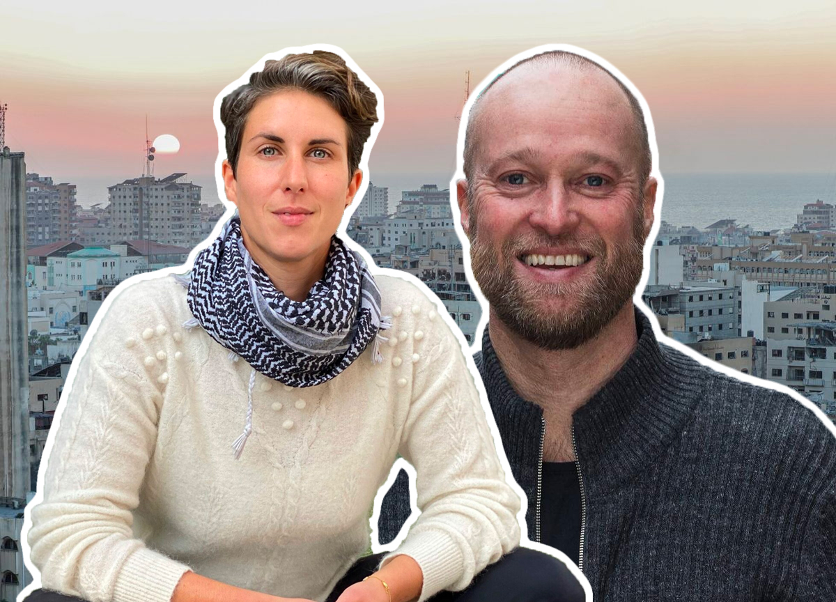 Leder i Palestinakommiteen, Line Khateeb (t.v.) og Erik Skarrud fra TV-aksjonen og NRK. (Foto: Palestinakomiteen, NRK, Atia Darwish/Zuma. Kollasj: Subjekt.) 1 25:18