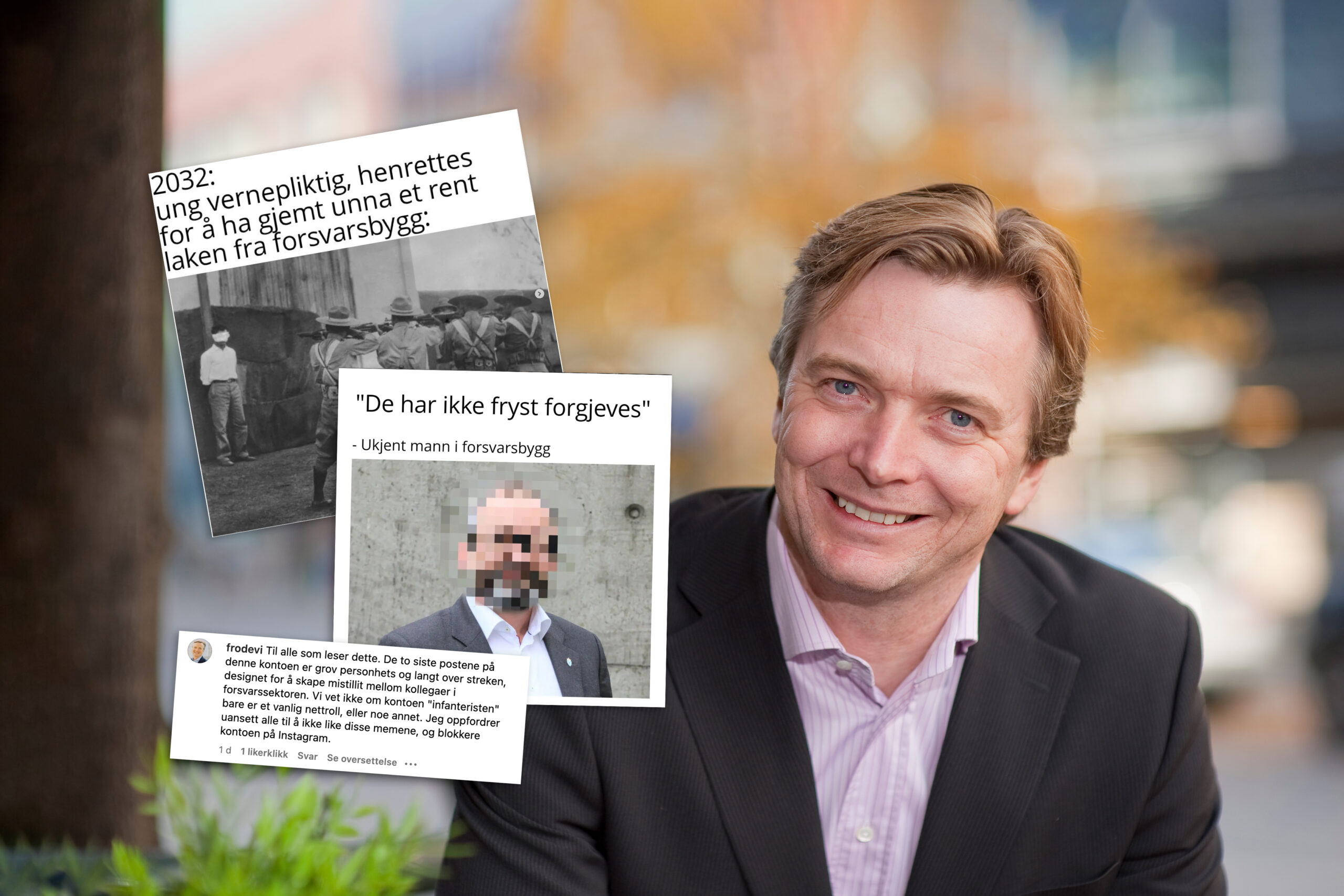Mannen bak Instagram-kontoen Infanteristen synes ikke at humoren hans er så veldig kontroversielt. Men den falt ikke i smak hos kommunikasjonssjef ved Forsvarsbygg, Frode Vik Jensen. (Foto: @Infanteristen/Instagram/Forsvarsbygg.)