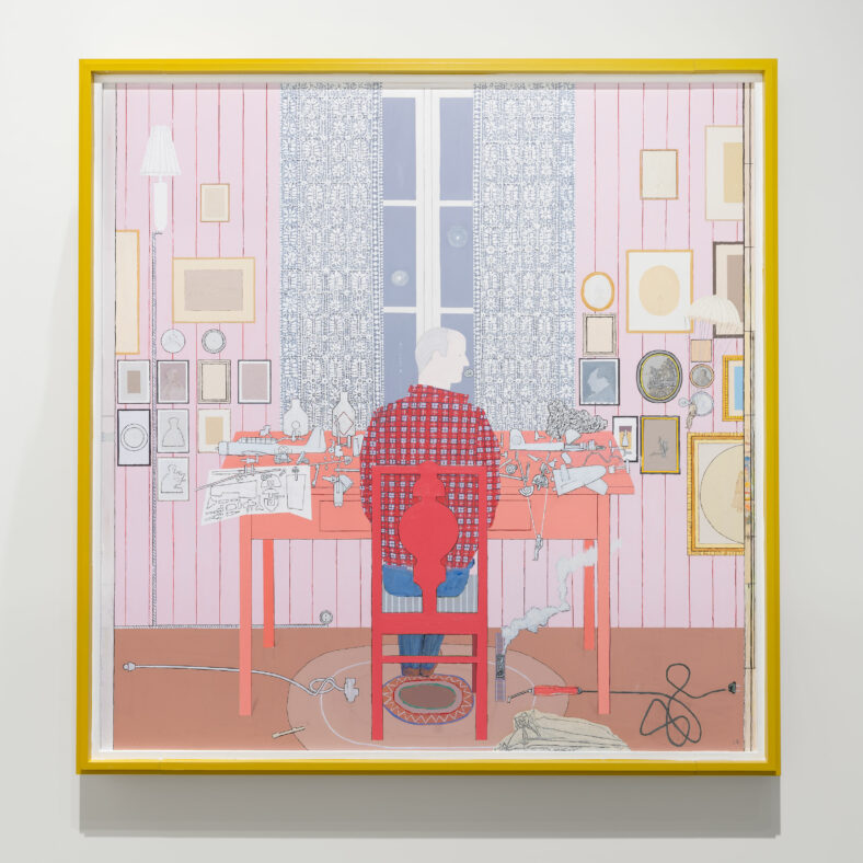 Tenksom modellflybygger, 2019 - 2023, Astrup Fearnley-samlingen. Utstillingsfoto, Leonard Rickhard. Mellom konstruksjon og sammenbrudd. Astrup Fearnley Museet, 2024. Foto: Christian Øen.