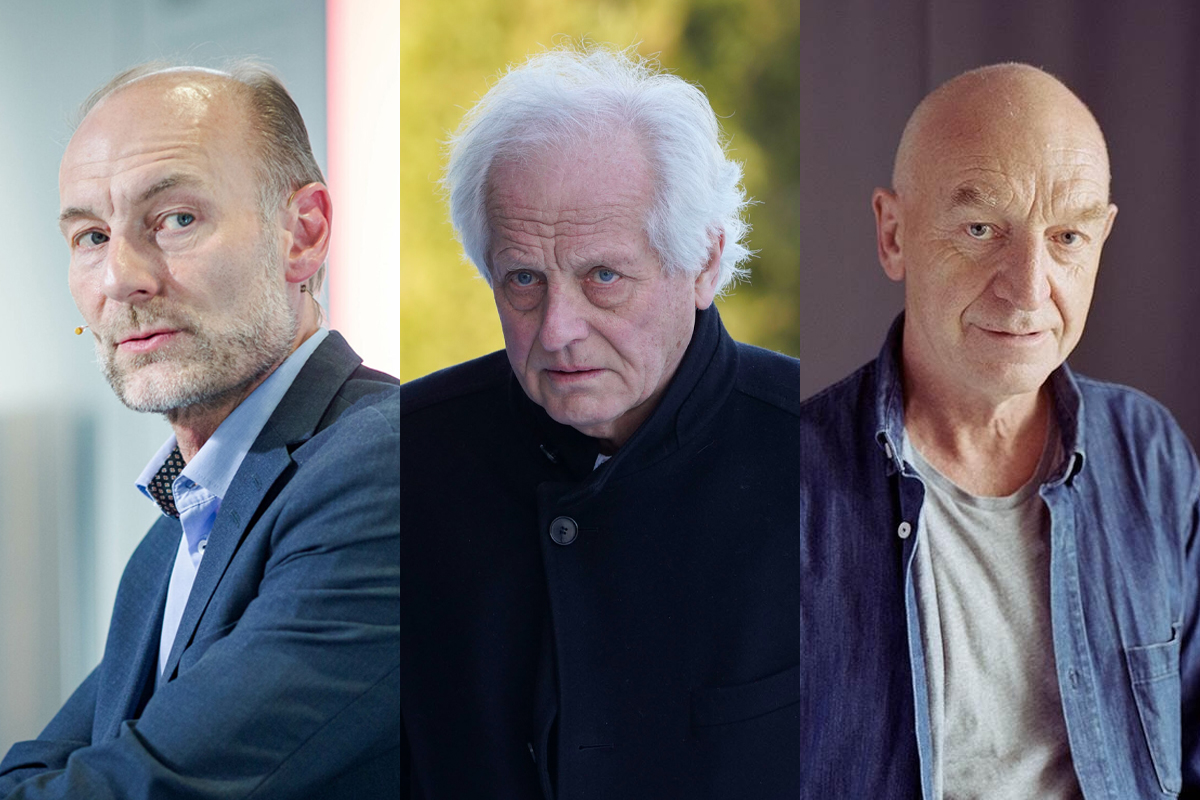 Direktør i Fritt ord, Knut Olav Åmås (t.v.), og journalist og forfatter Odd Isungset (t.h.) om saken om William Nygaard (Aschehoug, midten) og Salman Rushdie. (Foto: Alf Simensen/Ole Berg-Rusten/NTB, NRK. Kollasj: Subjekt.) 2 3:2