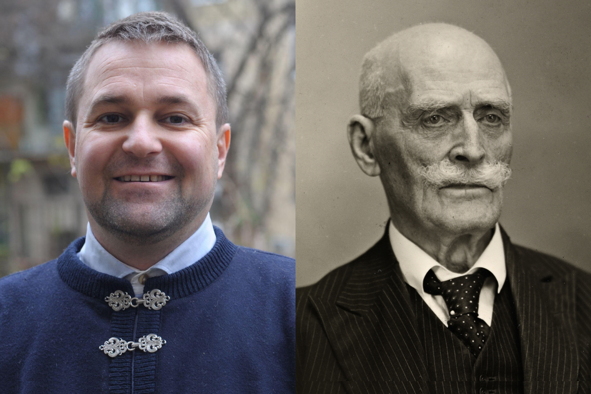 Forlegger i Legatum, Tore Rasmussen (t.v.), forfatter Knut Hamsun. (Foto: Legatum, Wikimedia Commons. Kollasj: Subjekt.)