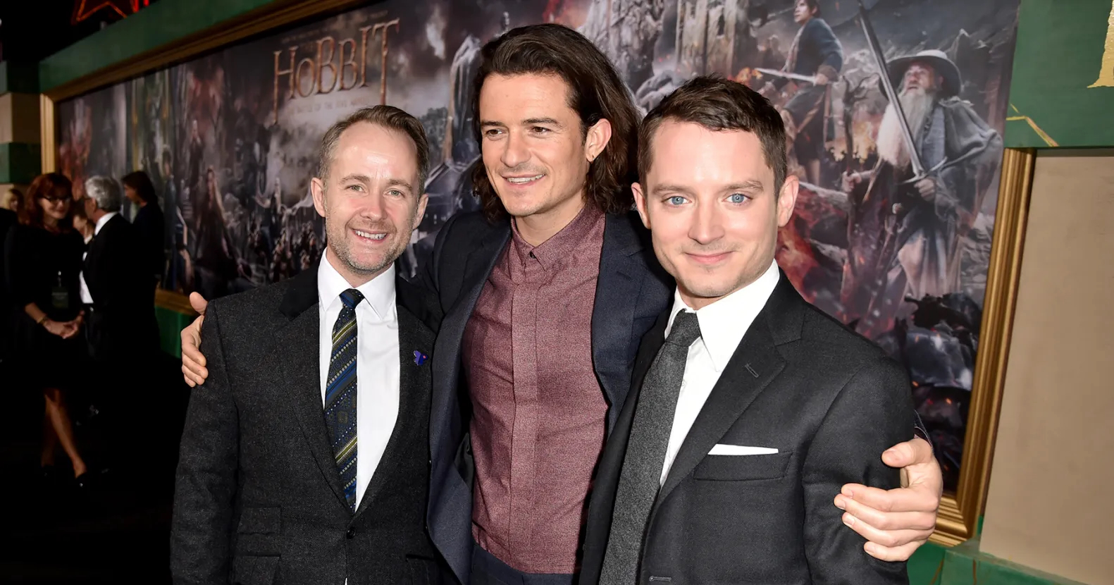 Skuespillerne Billy Boyd (f.v.) Orlando Bloom og Elijah Wood fra filmatiseringen av «Ringenes herre» (2001–03). (Foto: Getty.)