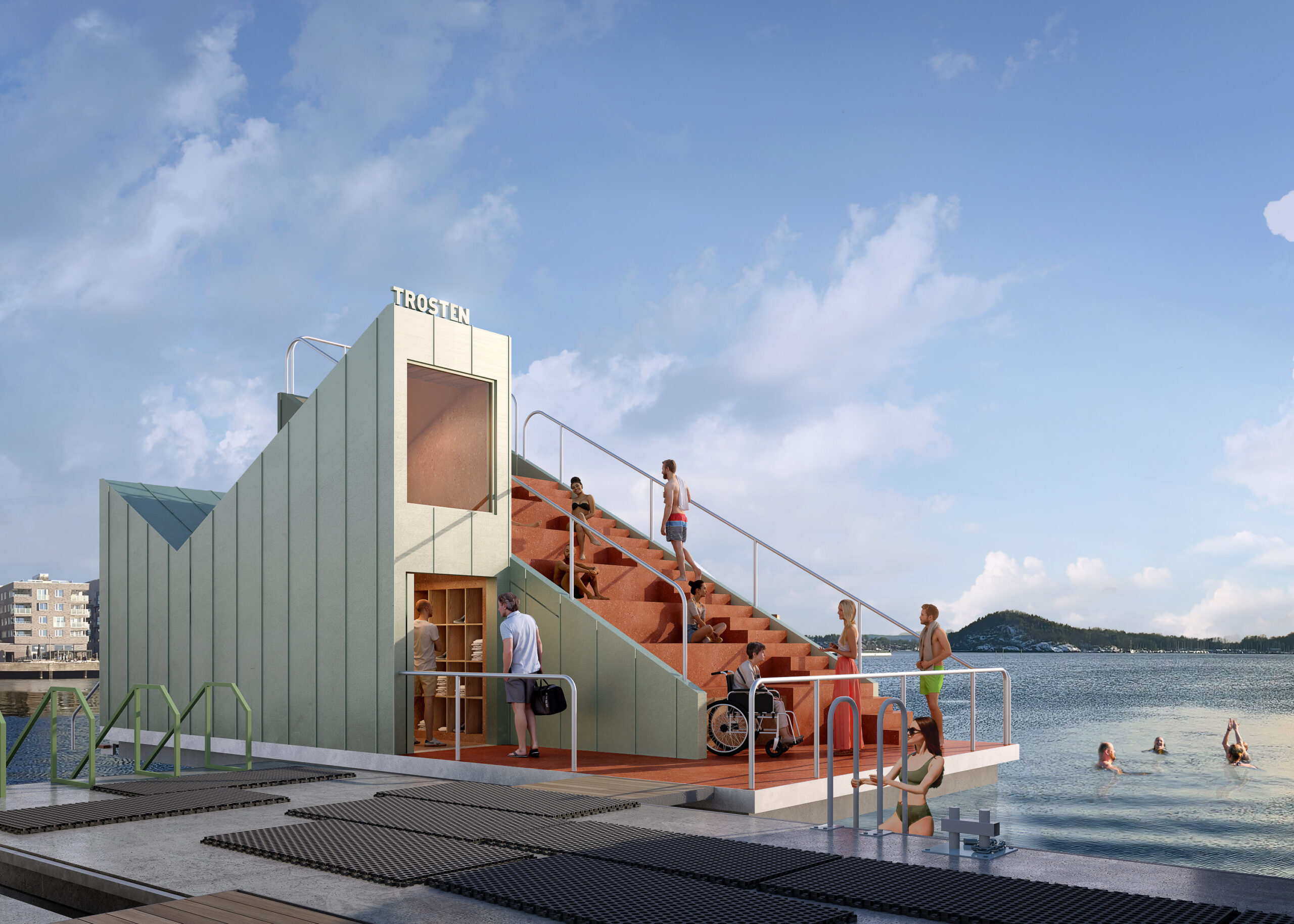 Tegnet av Munch-arkitektene Estudio Herreros, bygd av Oslo Prosjektbygg på Loenga i Oslo. Åpner 15. mai i badstulandsbyen ved Sukkerbiten. (Illustrasjon: Estudio Herreros)