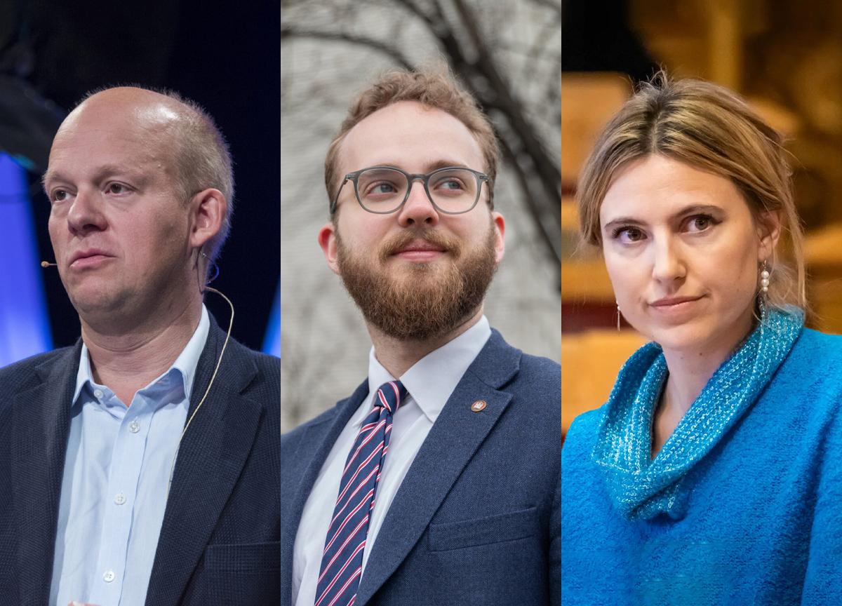 Petter Snare (midten) får fornyet tillit og fortsatt pendlergoder. Det kan være skadelig og bør revurderes, mener politikere. Bergens kulturbyråd, Reidar Digranes (SP), og stortingspolitiker Sofie Marhaug (R). (Foto: Iben Jorde, NTB. Kollasj: Subjekt.)