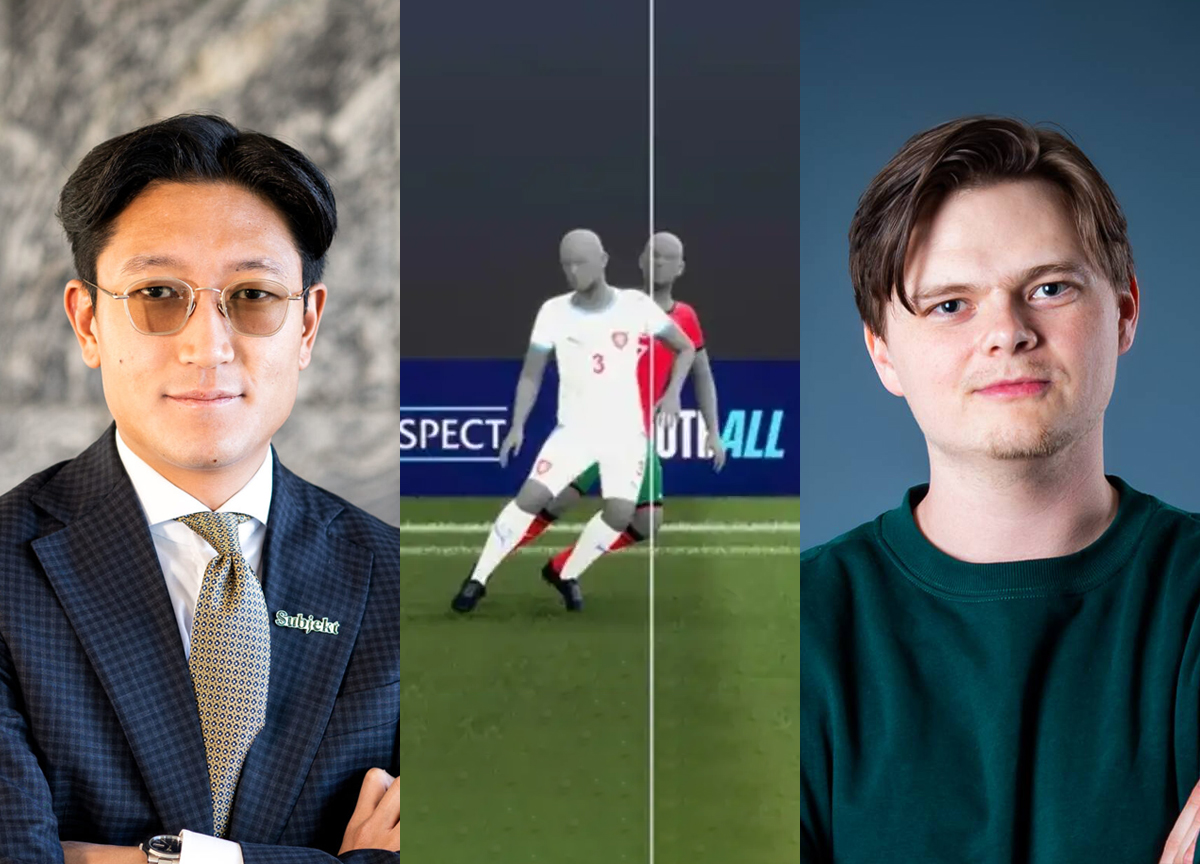 Danby Choi (t.v.) og Erlend Mørch er ikke enige om Var. (Foto: Uefa, NRK.) 1 25:18