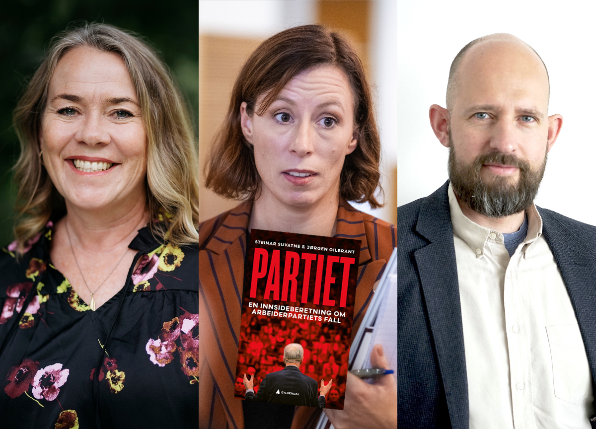 Redaktørene i Humanist, Bente Pihlstrøm (t.v.) og Aschehoug, Halvor Finess Tretvoll, forsvarer bruk av anonymer kilder. I midten direktør i Gyldendal Litteratur og boken «Partiet». (Foto: Humanist/NTB/Gyldendal/Einar Tretvoll. Kollasj: Subjekt.)