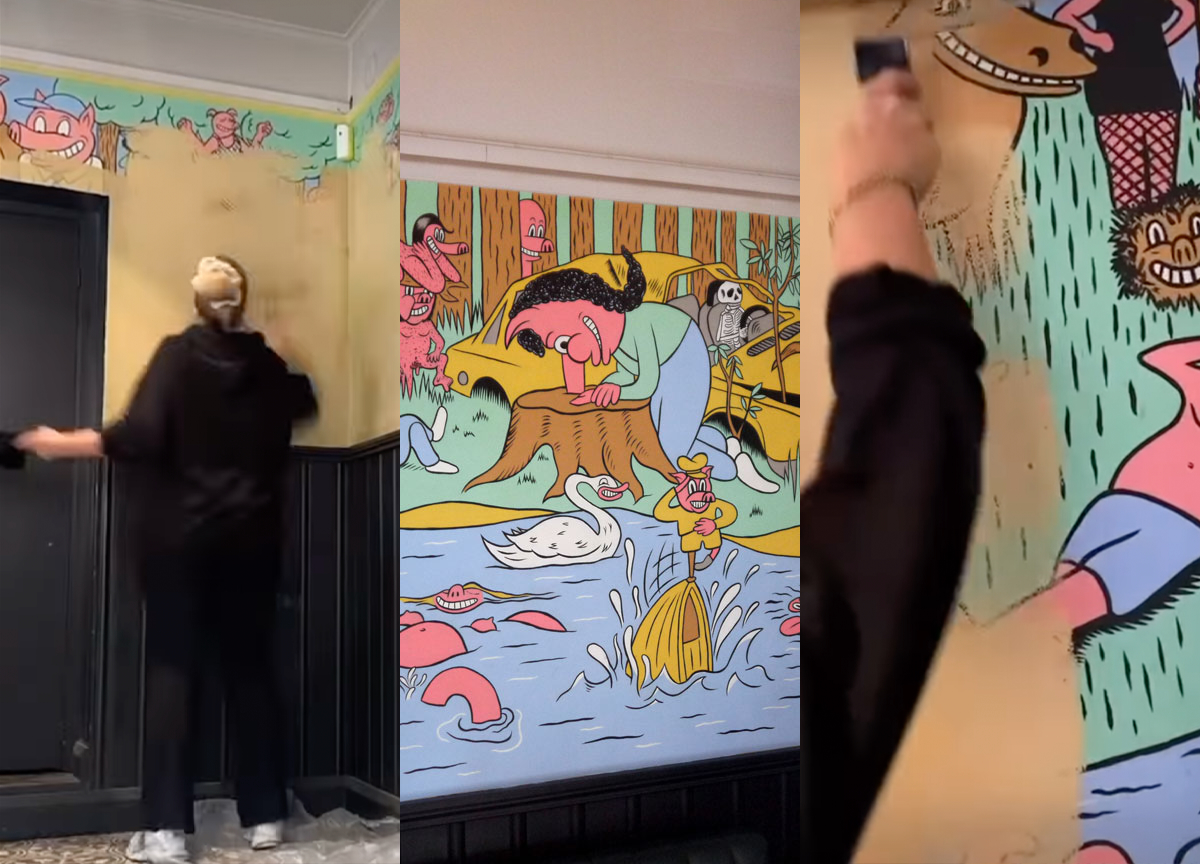 Spisestedet Grisen har pusset opp – og dermed fjernet veggmaleriene kunstner Sindre Goksøyr brukte flere uker på å lage i 2013. (Foto: Sindre Goksøyr. Skjermbilde: Grisen. Kollasj: Subjekt.) 1 25:18