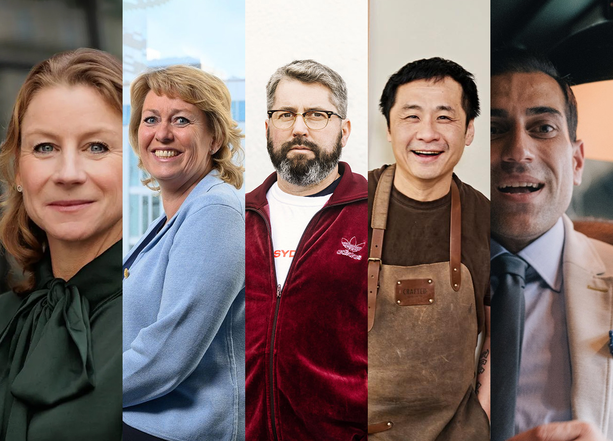 Inntektene sviktet for mat- og utelivsbransjen i 2023. Men flere av toppene hadde fortsatt til salt i maten, viser skattelistene. Her ved styreleder i Aspelin Ramm, Ida Aall Gram; administrerende direktør i Vinmonopolet, Elisabeth Hunter; Hipstakokken og driftsansvarlig ved Eik, Anders Braathen; kokk og restarantgründer Björn Svensson; og eier av Der peppern gror, Samir Sharma. (Foto: Åsmund Holien Mo/Aspelin Ramm, Glenn Røkeberg/Vinmonopolet, Anne Valeur, Svenssons fat, Der peppern gror. Kollasj: Subjekt.)