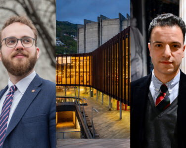 Bergen og kulturbyråd Reidar Digranes (SP, t.v.) tar grep for vakrere arkitektur. Men talsperson i Arkitekturopprøret, Saher Sourouri, er ikke imponert. I midten: Grieghallen. (Foto: Iben Jorde, Grieghallen, Peter-André Hegg. Kollasj: Subjekt.)