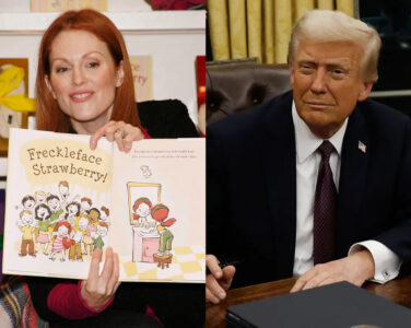 Julianne Moore signerer barnebøker, Donald Trump signerer presidentordre. (Foto: Getty. Kollasj: Subjekt.)