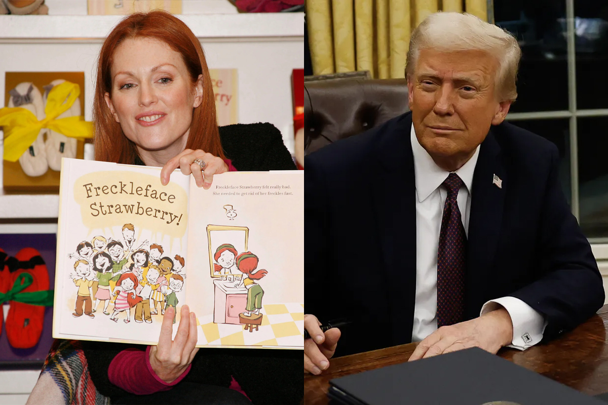 Julianne Moore signerer barnebøker, Donald Trump signerer presidentordre. (Foto: Getty. Kollasj: Subjekt.)