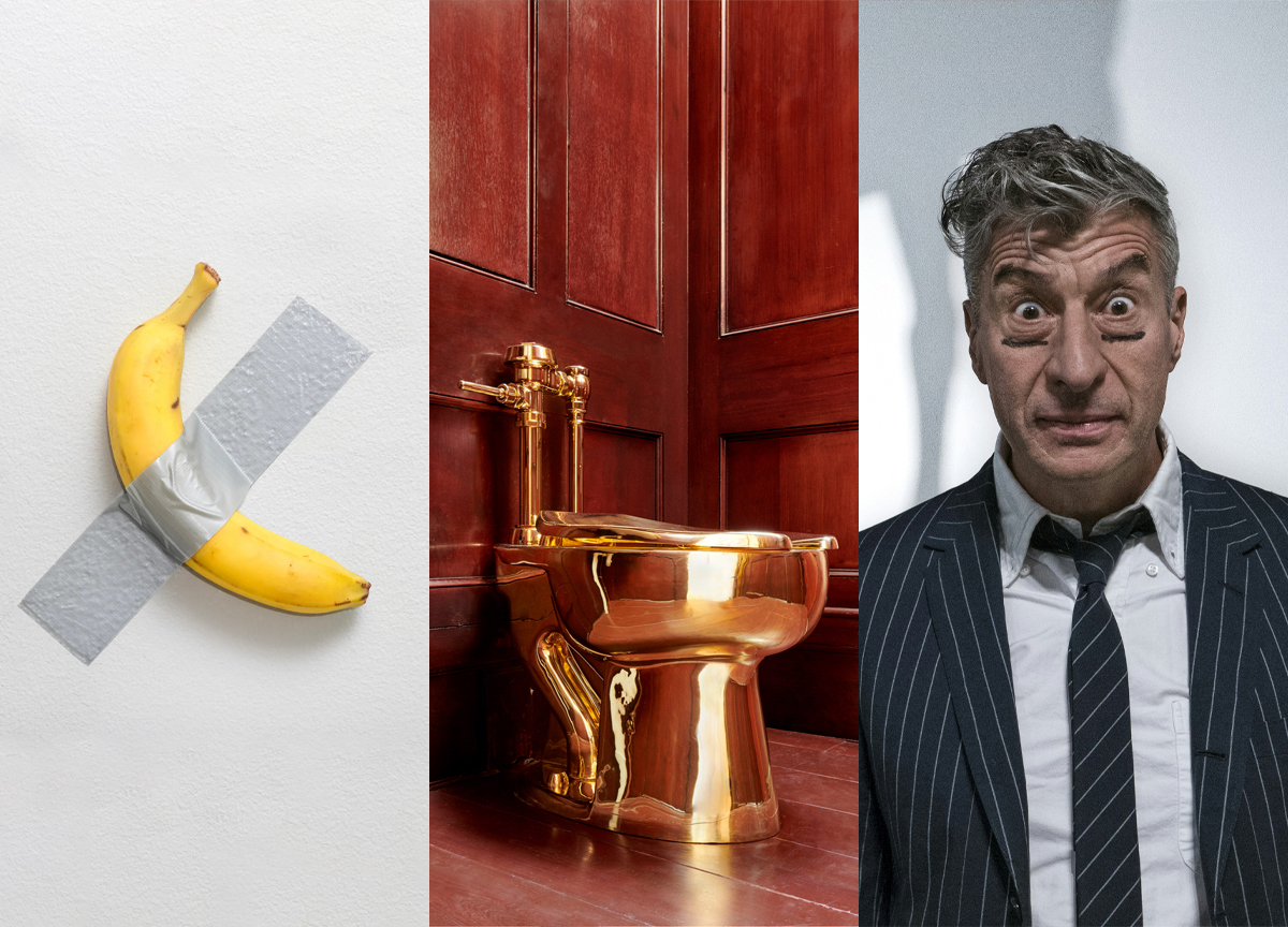 Konseptkunstner Maurizio Cattelan (t.h.) er kanskje mest kjent for en banan verdsatt til 11 millioner. Nå skaper han kunsten hans nok engang overskrifter. (Foto: Presse.)