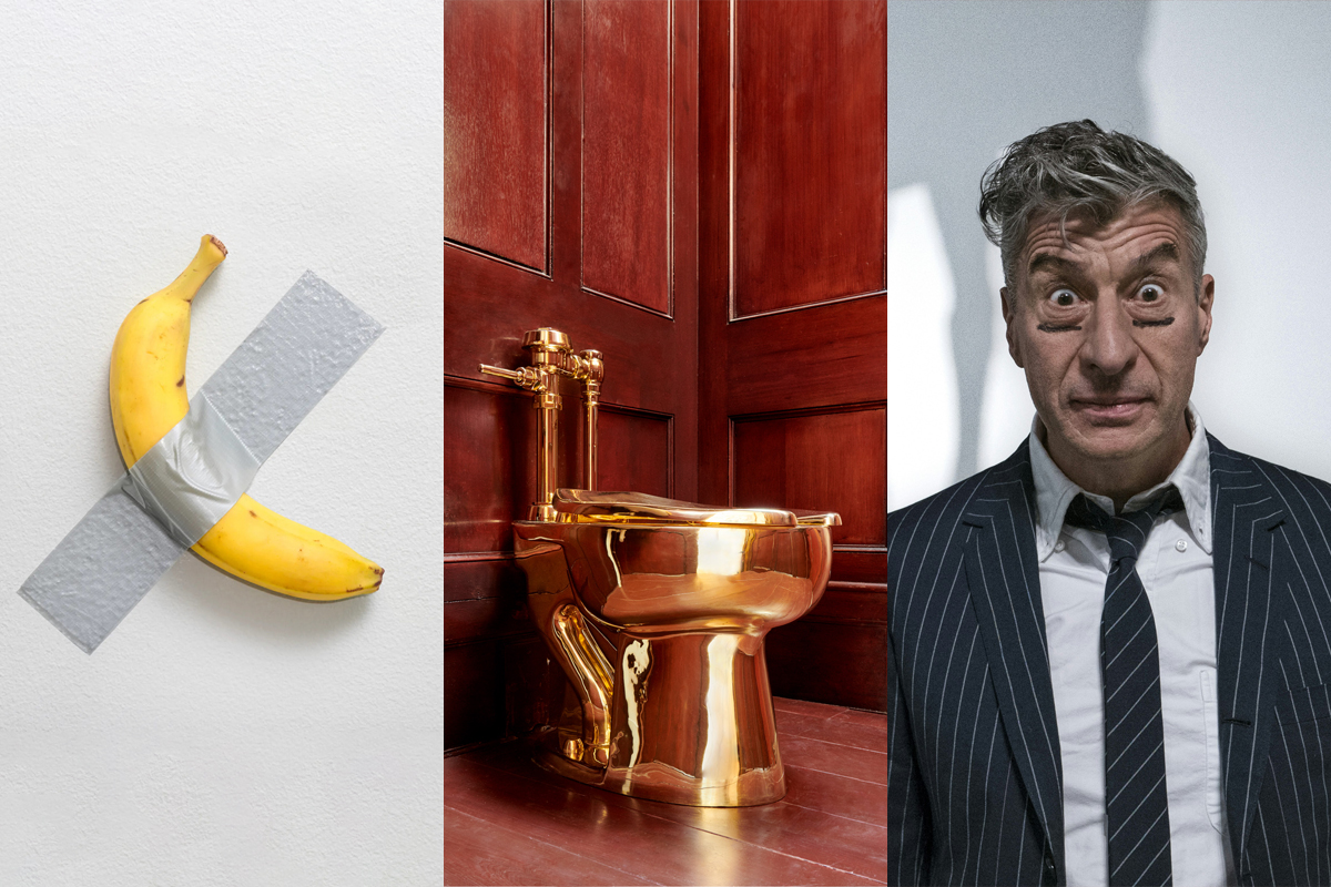 Konseptkunstner Maurizio Cattelan (t.h.) er kanskje mest kjent for en banan verdsatt til 11 millioner. Nå skaper kunsten hans overskrifter igjen. (Foto: Presse.)